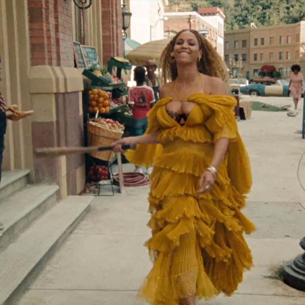 Beyonce Knowles in a bright yellow dress for the music video of her song "Hold Up"