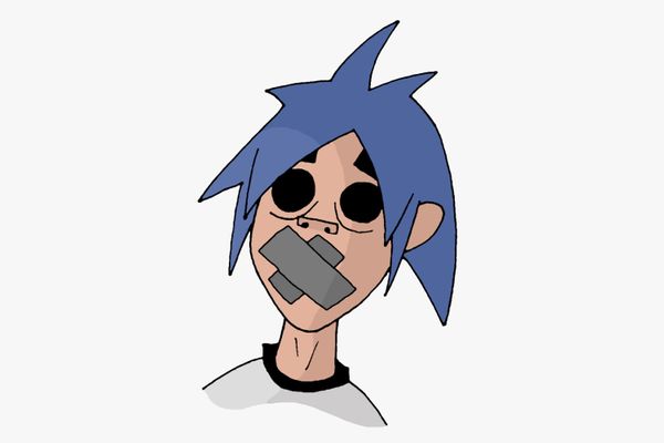 Illustration of Gorillaz singer 2-D with his mouth taped shut