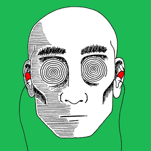 Artwork depicting a man listening to music with medical pills as ear buds