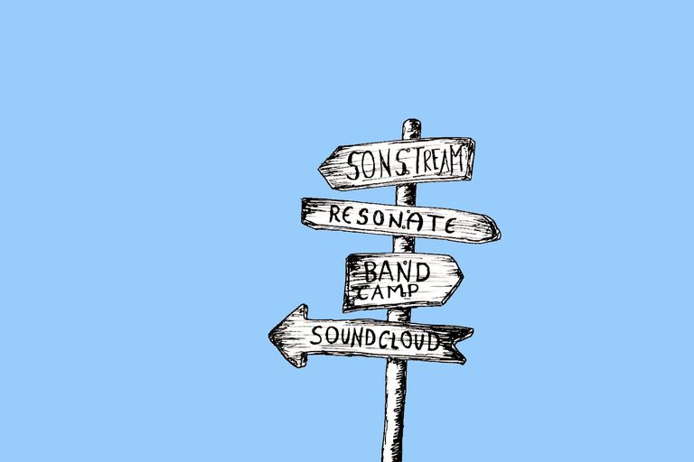 Illustration of a wooden signpost with boards pointing to different music streaming services