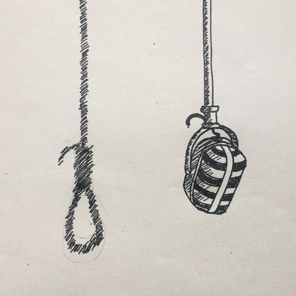 Ink drawing of a hanging microphone casting a noose-shaped shadow