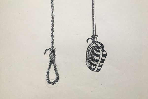 Ink drawing of a hanging microphone casting a noose-shaped shadow