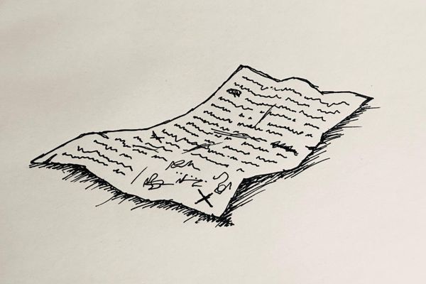 Ink drawing of a contract drawn on a pub napkin