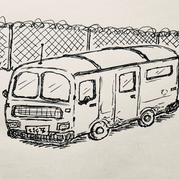 Ink drawing of a ratty old van in a ratty old car park