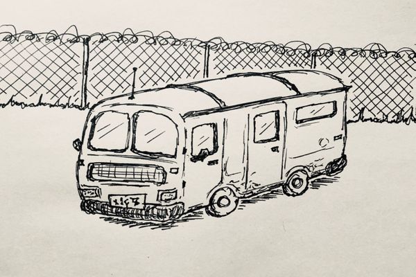 Ink drawing of a ratty old van in a ratty old car park