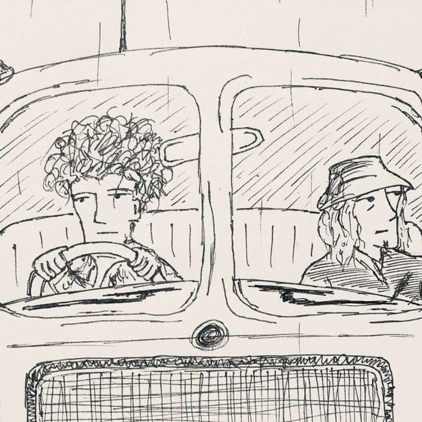 Ink drawing of two men in the front seat of a minibus