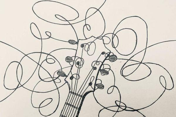 Ink drawing of a guitar with absurdly long strings