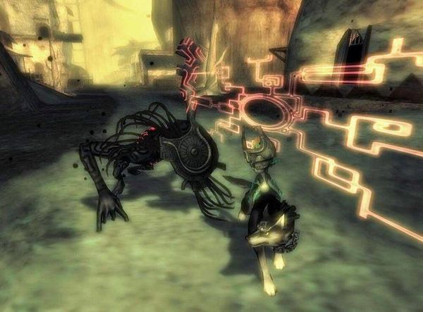 Screenshot of Link and Midna in the Twilight Realm in 'Twilight Princess' Screenshot of Link and Midna in the Twilight Realm in 'Twilight Princess'